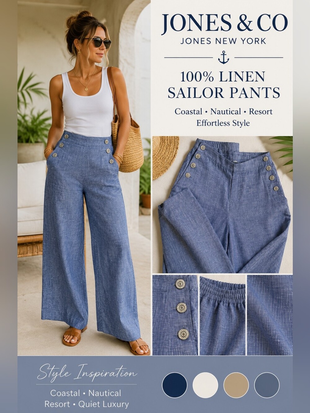 Jones & Co 100% Linen Blue Sailor Button Wide Leg Pants Women's M